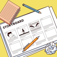 a storyboard on a yellow background with pens and pencils